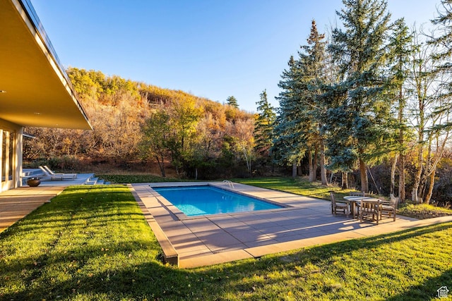 671 N Freeze Creek Cir, Emigration Canyon, UT 84108 - outdoor pool featuring a patio area, a yard, and a forest view