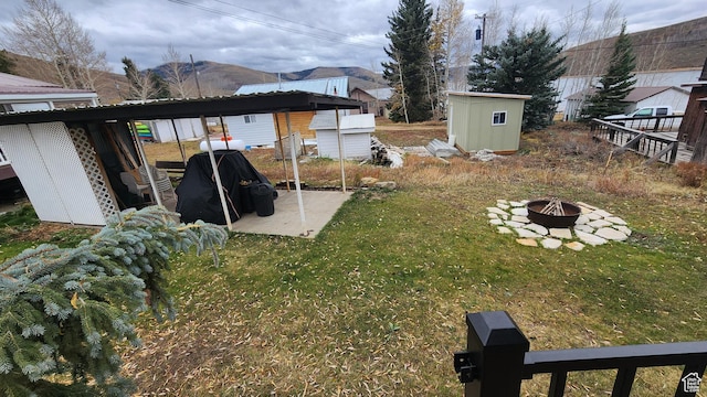 view of yard with an outbuilding, an outdoor fire pit, a patio area, and a storage shed