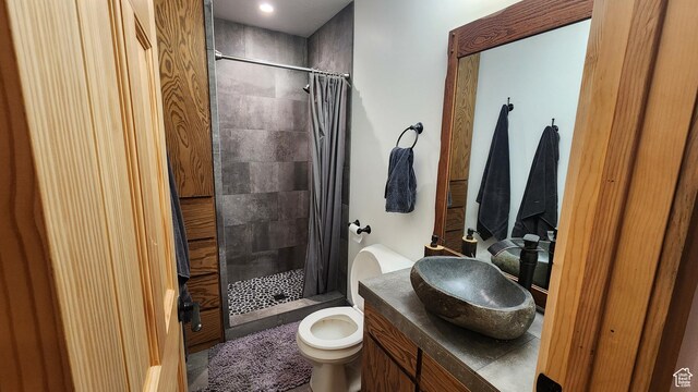 bathroom featuring vanity, a shower stall, and toilet