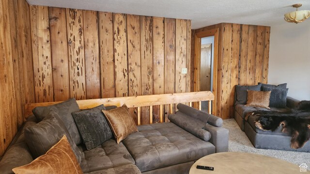 living room with wood walls