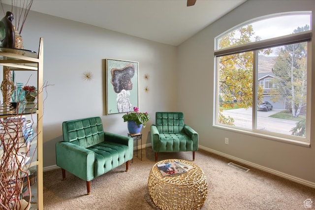 3937 N Patio Springs Dr, Eden, UT 84310 - living area with lofted ceiling, carpet flooring, and plenty of natural light