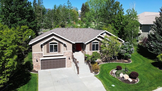 3937 N Patio Springs Dr, Eden, UT 84310 - view of front of home featuring stone siding, stucco siding, stairway, and driveway
