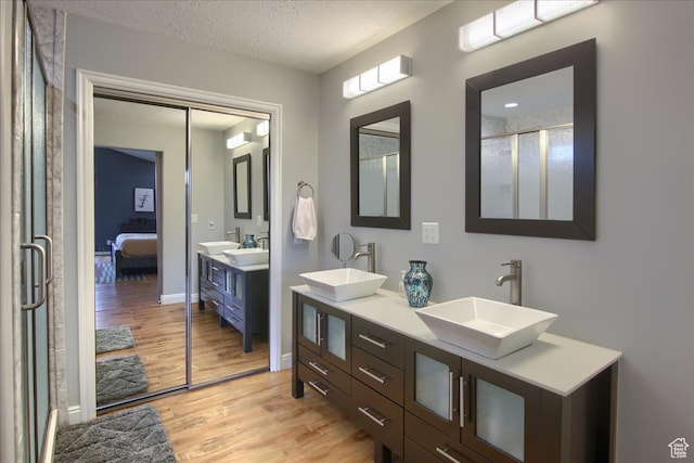 3937 N Patio Springs Dr, Eden, UT 84310 - bathroom featuring vanity, hardwood / wood-style floors, a textured ceiling, and a shower with door