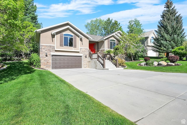 3937 N Patio Springs Dr, Eden, UT 84310 - ranch-style house with stone siding, stucco siding, driveway, a garage, and a front lawn