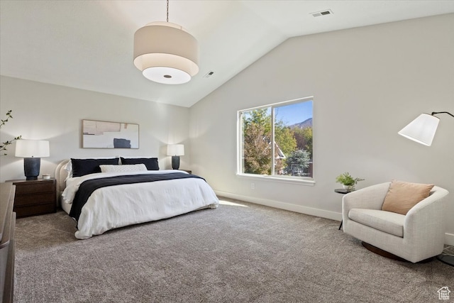 bedroom with lofted ceiling and carpet floors