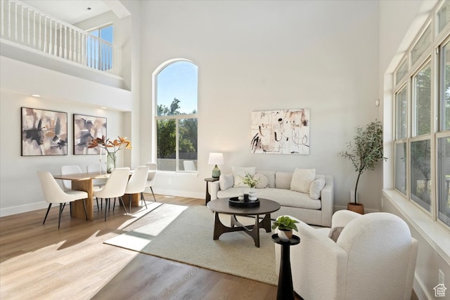 living room featuring a towering ceiling, light hardwood / wood-style floors, and a wealth of natural light