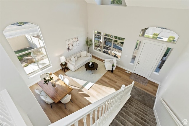 foyer entrance with hardwood / wood-style floors, high vaulted ceiling, and plenty of natural light