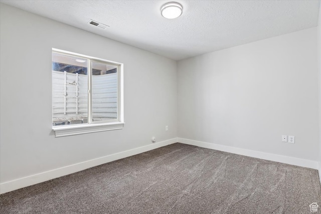 unfurnished room with carpet and a textured ceiling