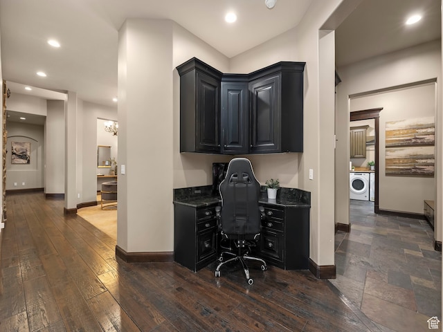 office space featuring washer / clothes dryer and dark hardwood / wood-style flooring