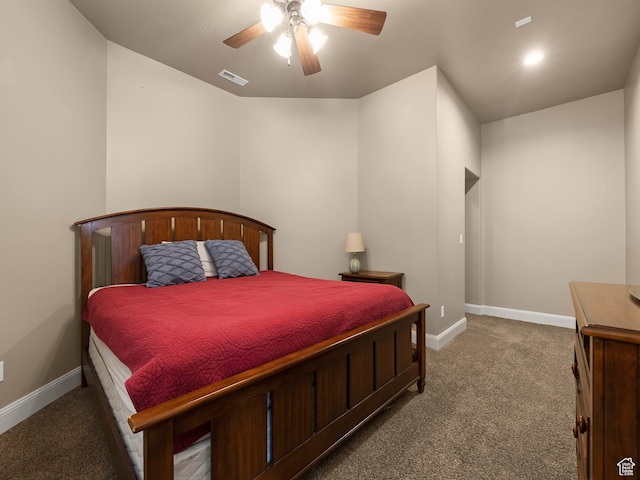 carpeted bedroom featuring ceiling fan