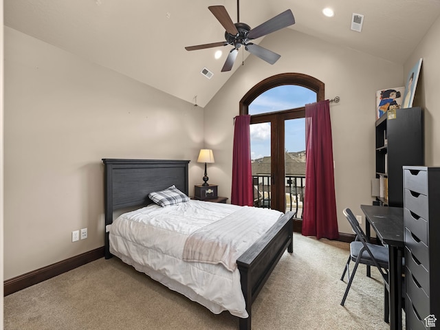 bedroom featuring ceiling fan, access to exterior, light carpet, and high vaulted ceiling