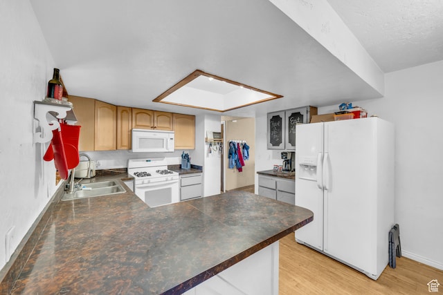 kitchen with light hardwood / wood-style floors, kitchen peninsula, sink, and white appliances