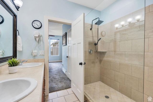 4489 W Milford Dr, South Jordan, UT 84009 - bathroom featuring double vanity, tile patterned floors, walk in shower, and a sink