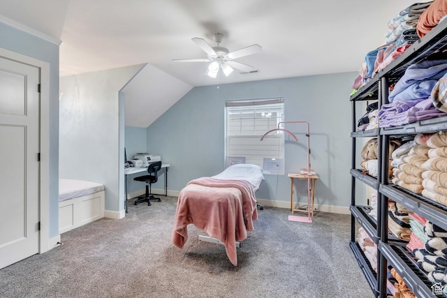 4489 W Milford Dr, South Jordan, UT 84009 - bedroom featuring visible vents, carpet flooring, a ceiling fan, and lofted ceiling