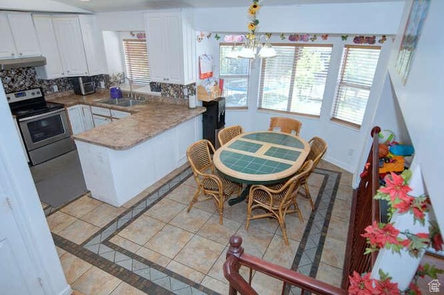 kitchen with a sink, a peninsula, stainless steel electric range oven, white cabinetry, and backsplash