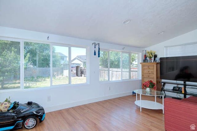 living room featuring vaulted ceiling, wood finished floors, and baseboards