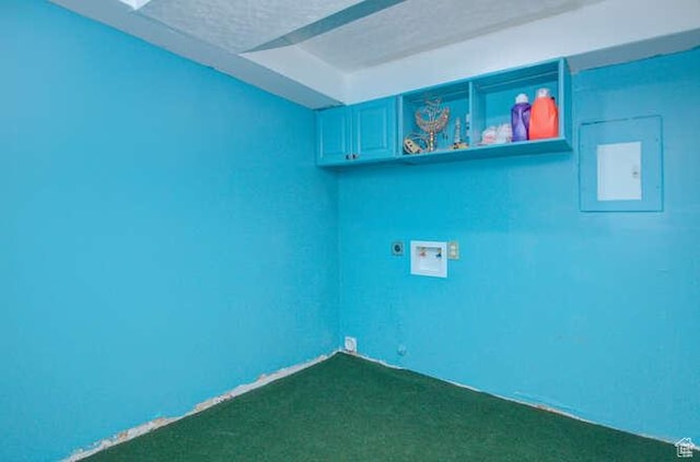 spare room featuring dark colored carpet and electric panel