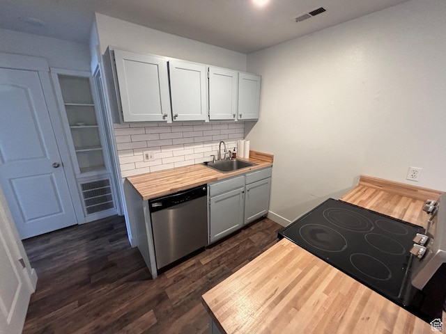 kitchen with electric range, visible vents, dishwasher, a sink, and butcher block countertops
