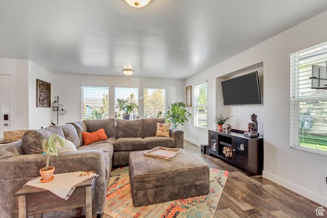 living area with baseboards and wood finished floors