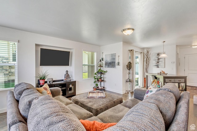 living area featuring baseboards, wood finished floors, and a wealth of natural light