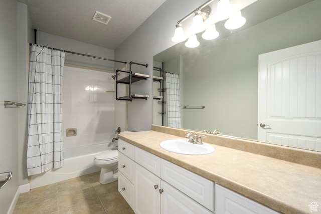 full bathroom with vanity, visible vents, tile patterned flooring, shower / tub combo, and toilet