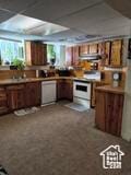 50 W 100 N, Salina, UT 84654 - kitchen with range, brown cabinets, and dark carpet