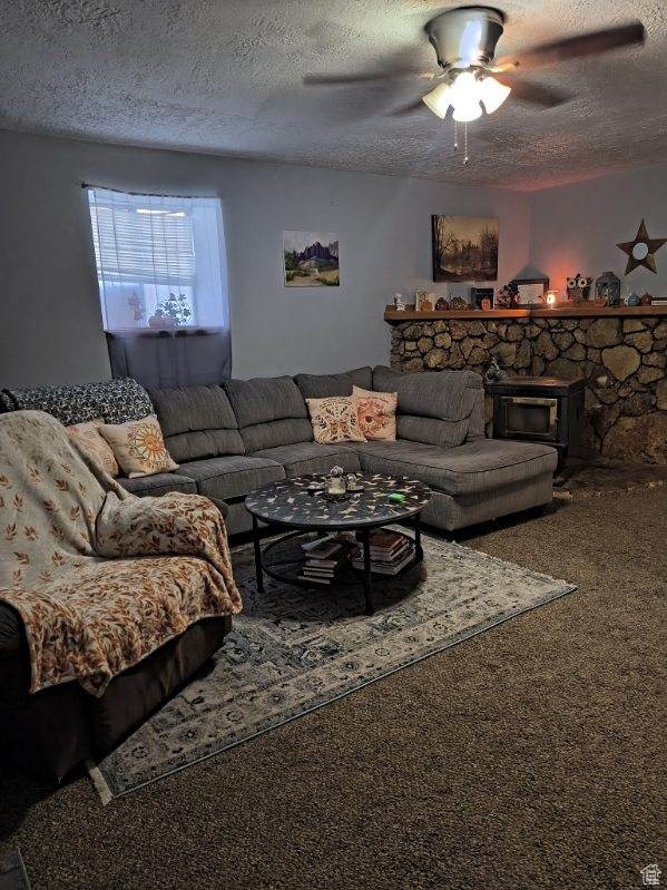 50 W 100 N, Salina, UT 84654 - living room featuring a textured ceiling, ceiling fan, and carpet