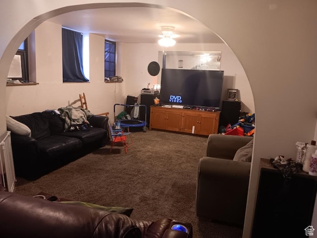 50 W 100 N, Salina, UT 84654 - carpeted living area with arched walkways, a ceiling fan, and radiator heating unit