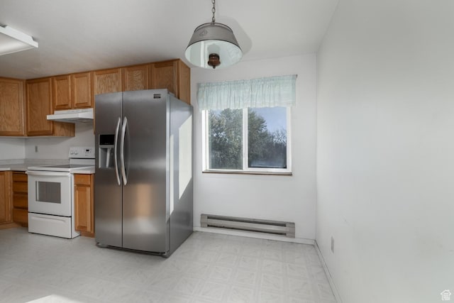 1390 N 500 W, Vernal, UT 84078 - kitchen with electric stove, a baseboard radiator, under cabinet range hood, stainless steel fridge, and light floors
