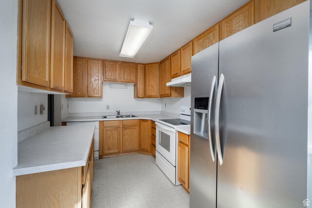 1390 N 500 W, Vernal, UT 84078 - kitchen with stainless steel fridge, white range with electric cooktop, under cabinet range hood, a sink, and dishwashing machine