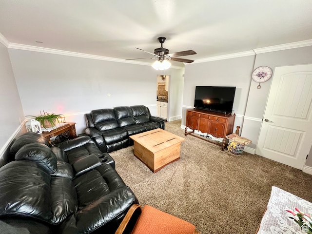 1066 W 450 N, Provo, UT 84601 - carpeted living room with baseboards, a ceiling fan, and crown molding