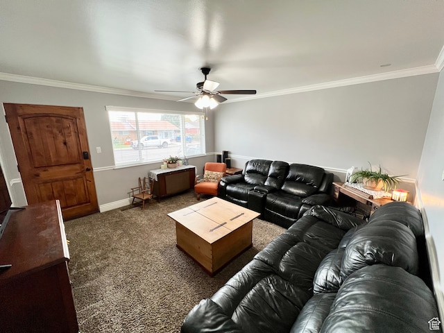 1066 W 450 N, Provo, UT 84601 - living room with dark colored carpet, baseboards, ornamental molding, and ceiling fan