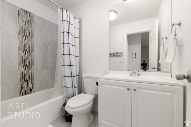 full bathroom with vanity, toilet, shower / tub combo, and tile patterned flooring