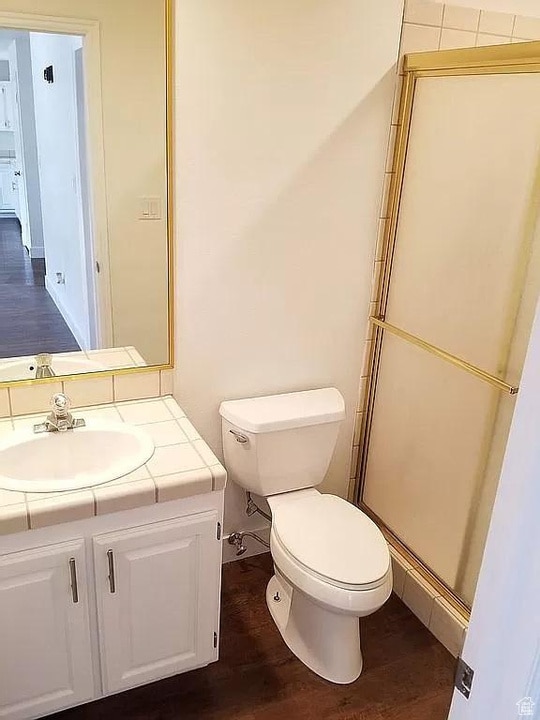 bathroom featuring vanity, wood-type flooring, toilet, and an enclosed shower