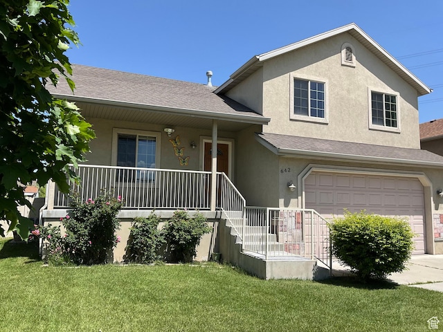 642 W 1150th St S, Provo, UT 84601 - view of front of property with stucco siding, a front yard, an attached garage, covered porch, and roof with shingles