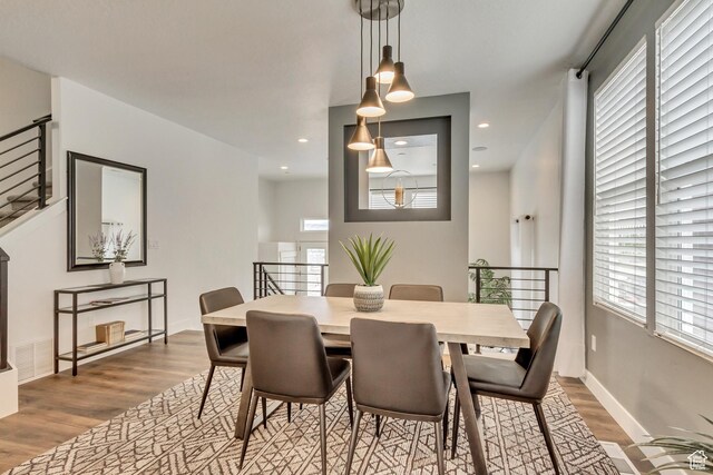 11211 S Clear Blue Dr, South Jordan, UT 84009 - dining space with wood finished floors, plenty of natural light, stairs, recessed lighting, and baseboards