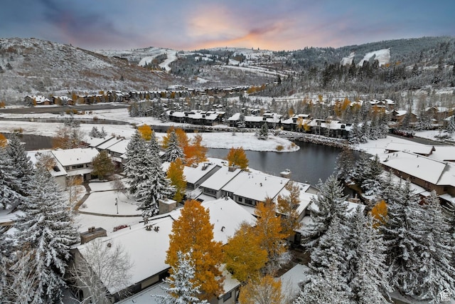 snowy aerial view with a residential view and a mountain view