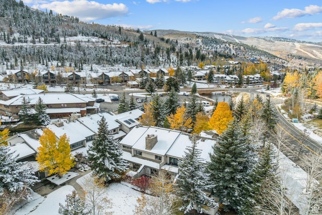 snowy aerial view with a residential view and a mountain view