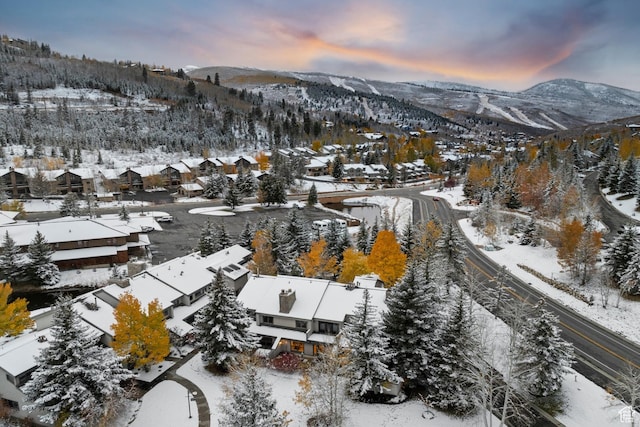 snowy aerial view with a residential view and a mountain view