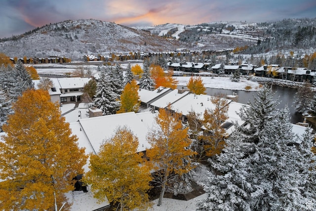 snowy aerial view with a residential view and a mountain view