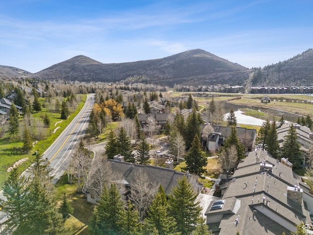 drone / aerial view featuring a mountain view
