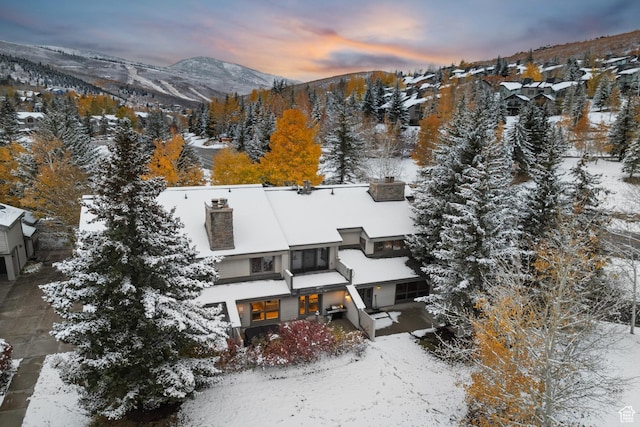 snowy aerial view with a mountain view