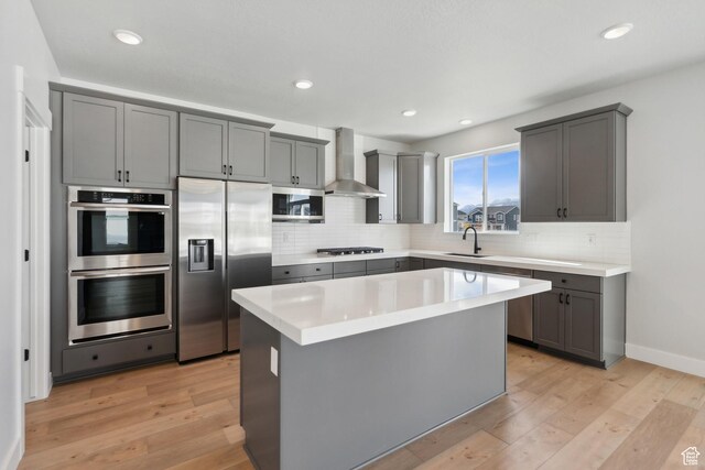 1358 S 1140 E, Heber City, UT 84032 - kitchen featuring wall chimney range hood, appliances with stainless steel finishes, gray cabinets, a sink, and tasteful backsplash
