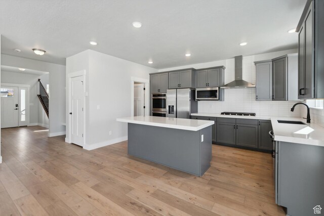 1358 S 1140 E, Heber City, UT 84032 - kitchen with appliances with stainless steel finishes, wall chimney range hood, a sink, a center island, and tasteful backsplash