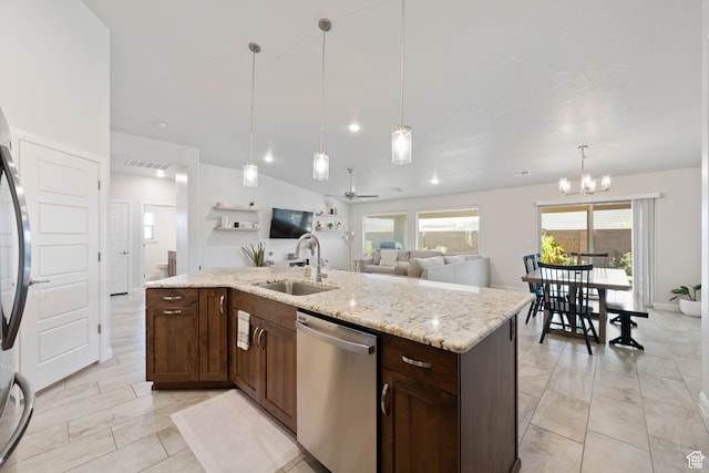 kitchen with sink, ceiling fan with notable chandelier, hanging light fixtures, lofted ceiling, and dishwasher