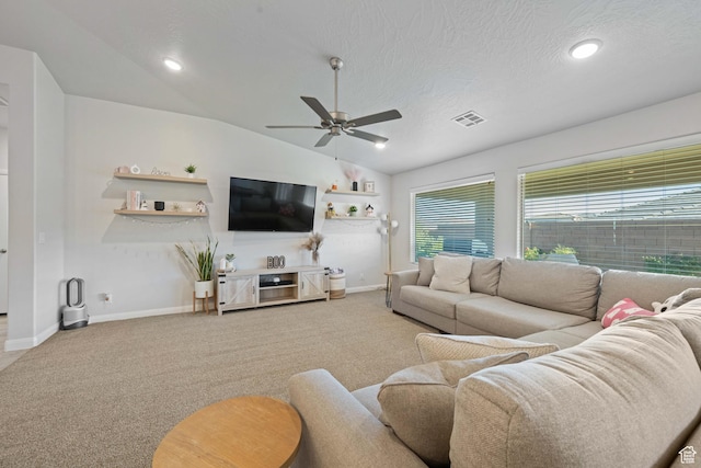 2084 E Sunshine Trl, St George, UT 84790 - carpeted living room featuring a ceiling fan, vaulted ceiling, baseboards, a textured ceiling, and recessed lighting