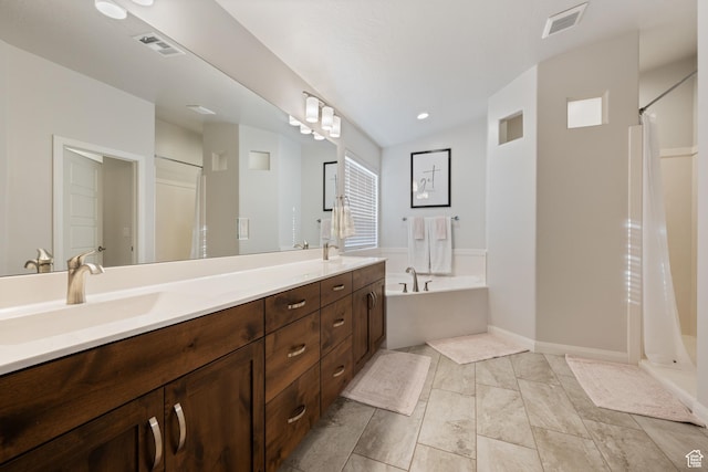 2084 E Sunshine Trl, St George, UT 84790 - full bathroom with a shower with curtain, a bath, and double vanity
