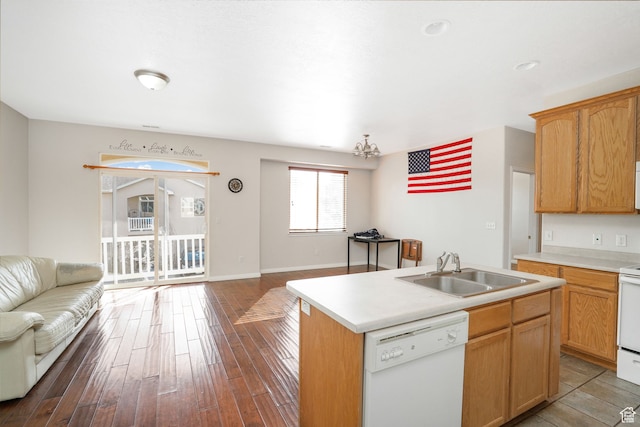 6882 W Bamburgh Way W, West Valley City, UT 84128 - kitchen featuring a kitchen island with sink, a chandelier, wood-type flooring, sink, and white appliances