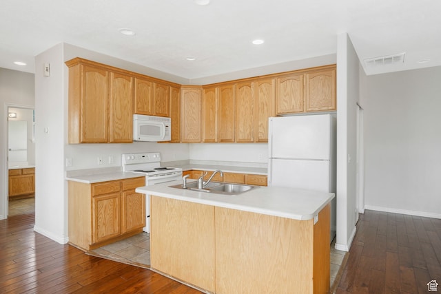 6882 W Bamburgh Way W, West Valley City, UT 84128 - kitchen with light hardwood / wood-style floors, an island with sink, sink, and white appliances