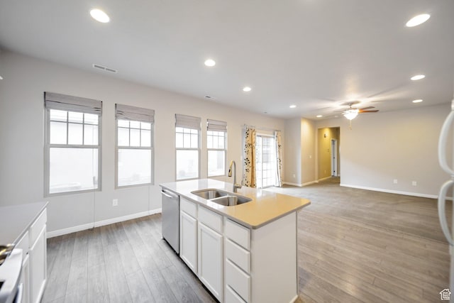 kitchen with a sink, visible vents, dishwasher, white cabinetry, and a ceiling fan